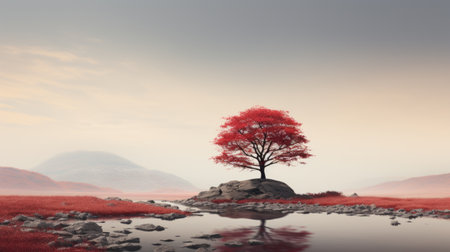 Lonely tree on a red meadow.の素材