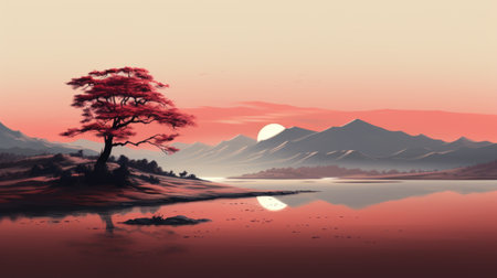 Lonely tree on lake and mountains in the background, illustrationの素材