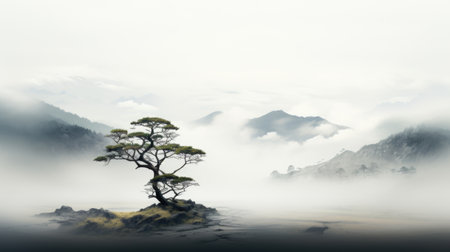 Landscape with tree on the mountain in the fog.の素材