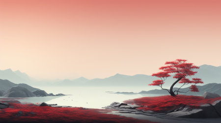 Red tree in the sea with mountains in the backgroundの素材