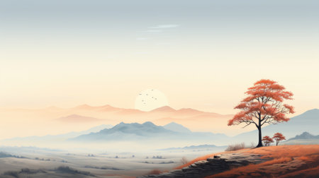 Fantasy landscape with a lonely tree in the middle of a foggy valleyの素材