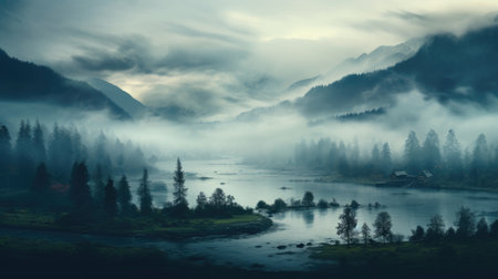 Misty morning on the lake. Dramatic and picturesque scene.の素材