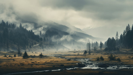 Foggy landscape of mountains and river in Altai, Russiaの素材