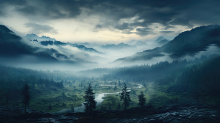 Foggy mountain landscape with a river and a forest in the foregroundの素材