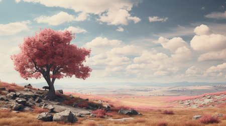 Red tree in the meadow with clouds and mountains in the backgroundの素材