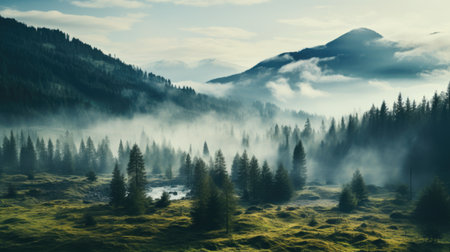 Foggy morning in the Carpathian Mountains, Ukraine.の素材