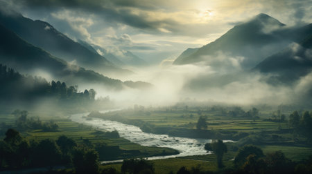 Foggy morning in the mountains. Landscape with river and clouds.の素材