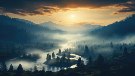 Foggy morning in the mountains. Colorful autumn landscape.の素材