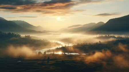 Fantasy landscape with lake and mountains at sunset.の素材