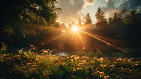 Sunset over the river in the forest. Beautiful summer landscape.の素材