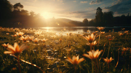 Sunset on the lake with flowers in the foreground. beautiful landscapeの素材