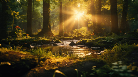 Beautiful sunset in the forest with sunbeams and lens flareの素材