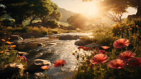 Sunset over a river with poppies and acacia treesの素材