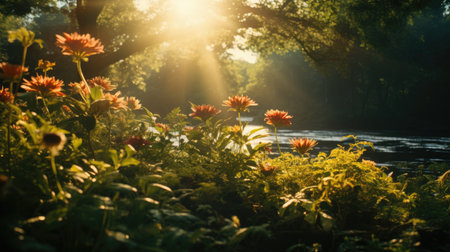 Beautiful sunset in the garden with sunbeams and flowers.の素材