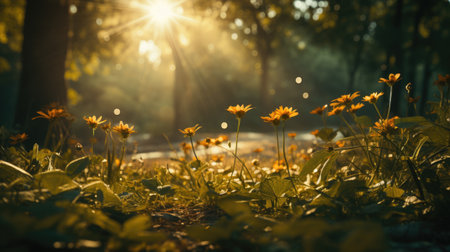 Sunset in the forest with sunbeams and daisiesの素材
