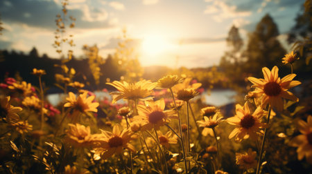 Sunset over the meadow with yellow daisies. summer landscapeの素材