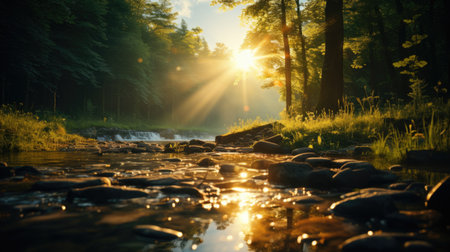 Sunset over the river in the forest. Beautiful summer landscape.