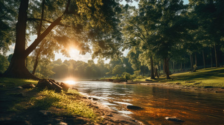 Sunset on the bank of a river in the forest. Nature backgroundの素材