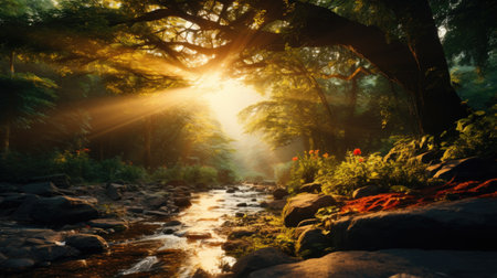 Beautiful sunrise in the forest with a stream flowing through it.の素材