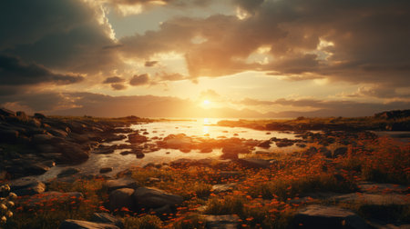 Beautiful sunset over the sea with red poppies and rocksの素材