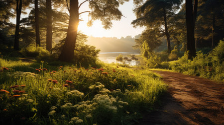 Sunset in the pine forest. Morning in the forest. Beautiful summer landscape.の素材