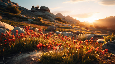 Sunset in the mountains with red flowers in the foreground and rocks in the backgroundの素材