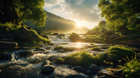 Beautiful sunrise over the mountain river with rocks and trees in the foregroundの素材