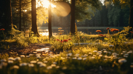Beautiful sunset in the forest on a summer evening. Landscape.の素材
