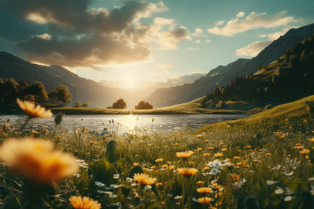 Sunset over the lake with flowers and mountains in the background.