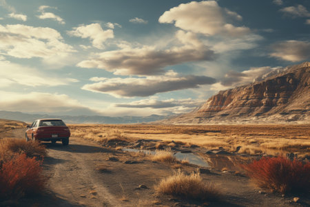 Vintage retro style travel image of a red car in the desert.の素材