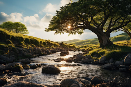 Beautiful landscape with river and big tree in the morning light.の素材