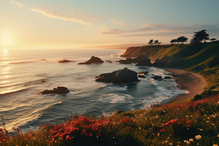Sunset over the Pacific Ocean in Big Sur, California, USAの素材
