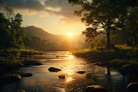 Sunrise over the river in the forest. Beautiful landscape with river.の素材