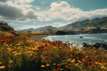 Beautiful seascape with wildflowers, mountains and blue skyの素材
