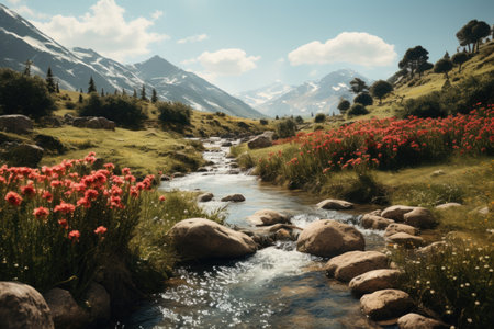 Mountain river with red poppies and snowcapped mountainsの素材