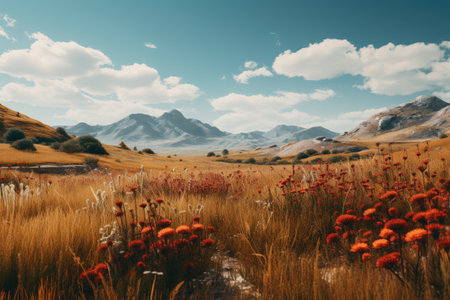 Mountain landscape with red flowers and blue sky. Vintage style.の素材