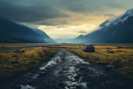 Car on the road in the mountains. Travel and adventure concept.の素材