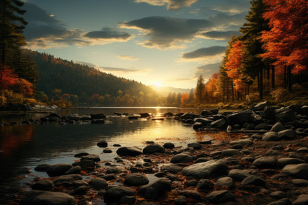 Beautiful autumn landscape. Mountain lake in the forest at sunset.の素材