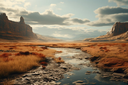 Fantasy landscape with a river in the desert.の素材