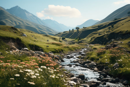 Mountain landscape with a river in the foreground, Caucasus, Russiaの素材
