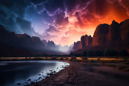 Fantasy landscape with mountains, river and sky.の素材