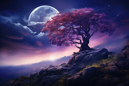 Fantasy landscape with tree and full moon.の素材