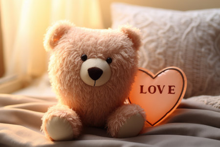 Teddy bear with heart shaped candle on bed. Valentine's day conceptの素材