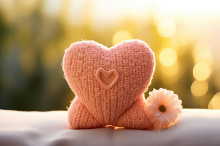 Handmade knitted heart with flower on bokeh background.の素材