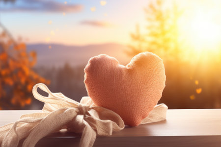 Heart shaped pillow and gift box on wooden table against blurred nature backgroundの素材