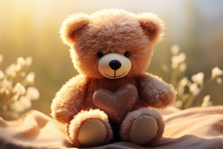 Teddy bear sitting on a bed with flowers in the morning.の素材