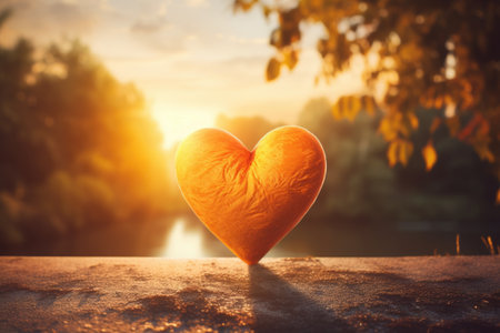 Heart shape pillow on wooden table with sunset background. Love concept.の素材