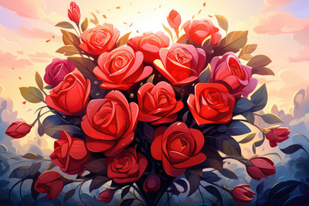 Bouquet of red roses on sunset background.の素材