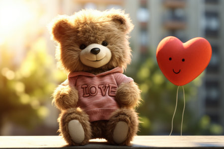 Teddy bear with heart shaped balloon on sunny day, closeupの素材