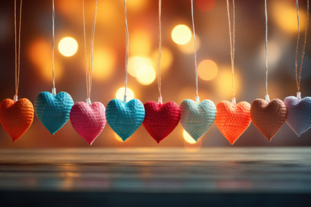Colorful hearts on a wooden table with bokeh background.の素材